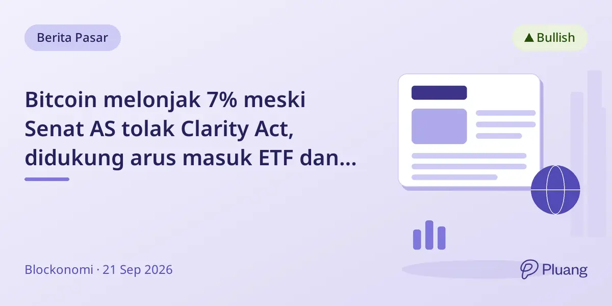 Bitcoin melonjak 7% meski Senat AS tolak Clarity Act, didukung arus masuk ETF dan tahan kenaikan suku bunga Fed.