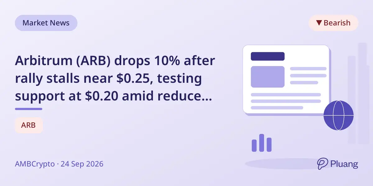 Arbitrum (ARB) drops 10% after rally stalls near $0.25, testing support at $0.20 amid reduced trader activity.