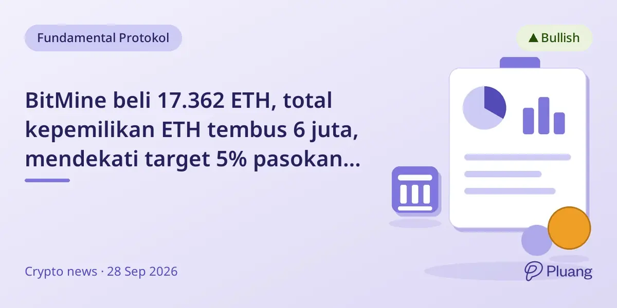 BitMine beli 17.362 ETH, total kepemilikan ETH tembus 6 juta, mendekati target 5% pasokan Ethereum.