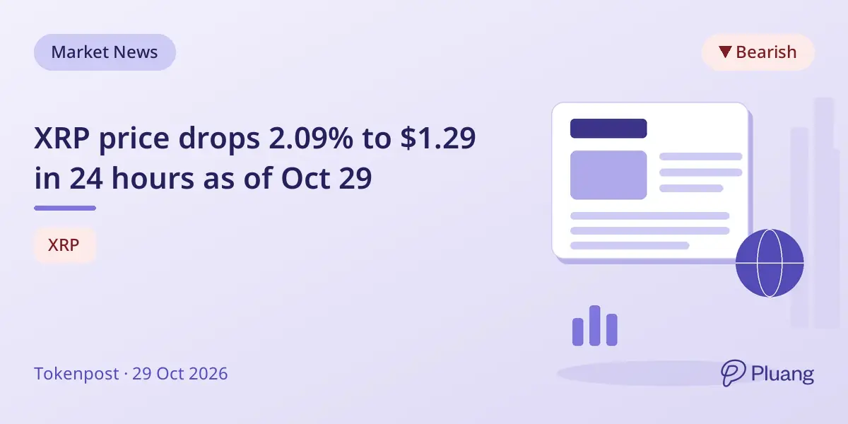XRP price drops 2.09% to $1.29 in 24 hours as of Oct 29