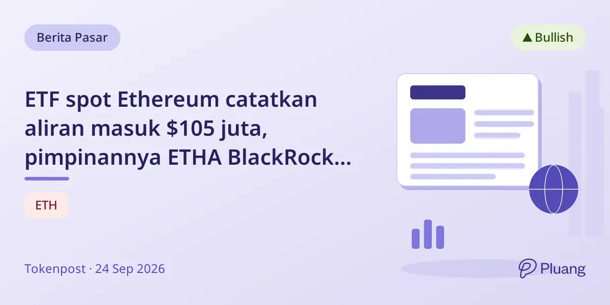 ETF spot Ethereum catatkan aliran masuk $105 juta, pimpinannya ETHA BlackRock dengan $50,8 juta pada 23 Sept