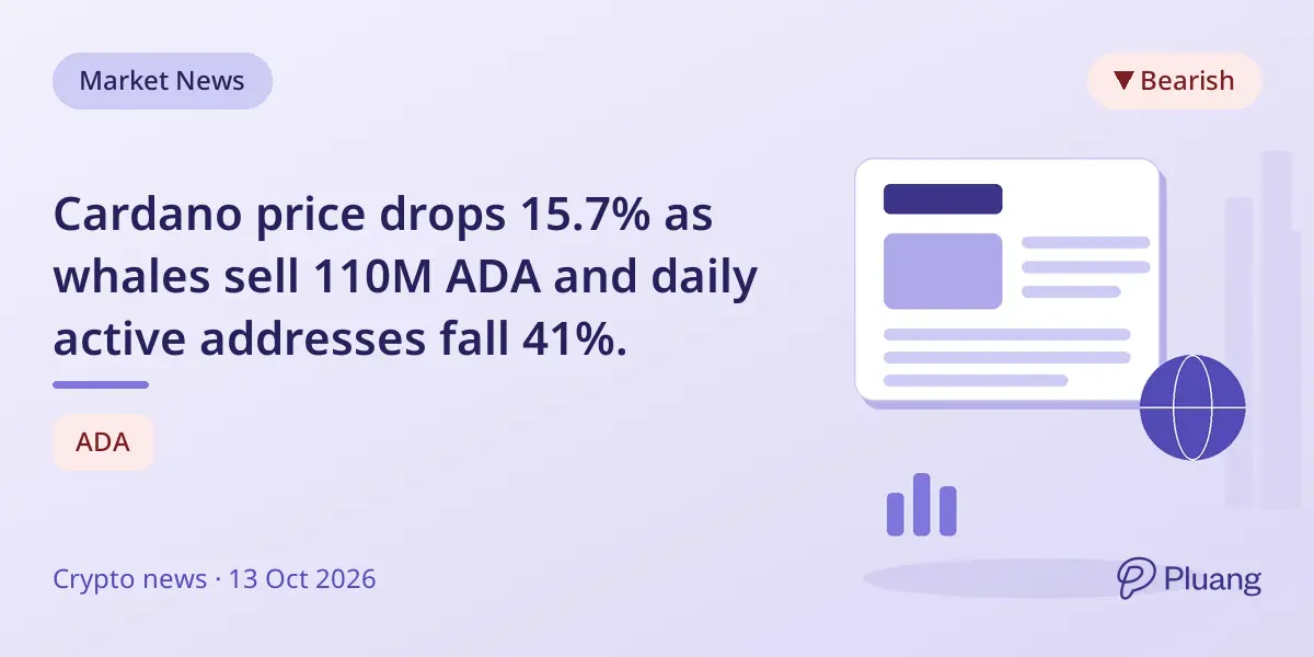 Cardano price drops 15.7% as whales sell 110M ADA and daily active addresses fall 41%.
