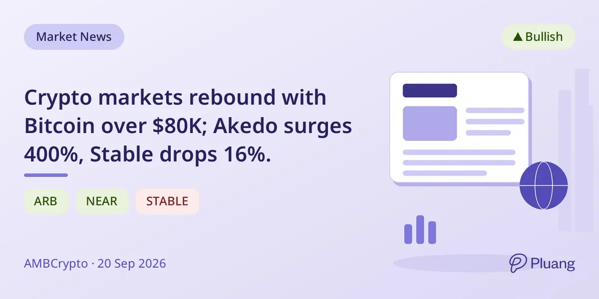 Crypto markets rebound with Bitcoin over $80K; Akedo surges 400%, Stable drops 16%.