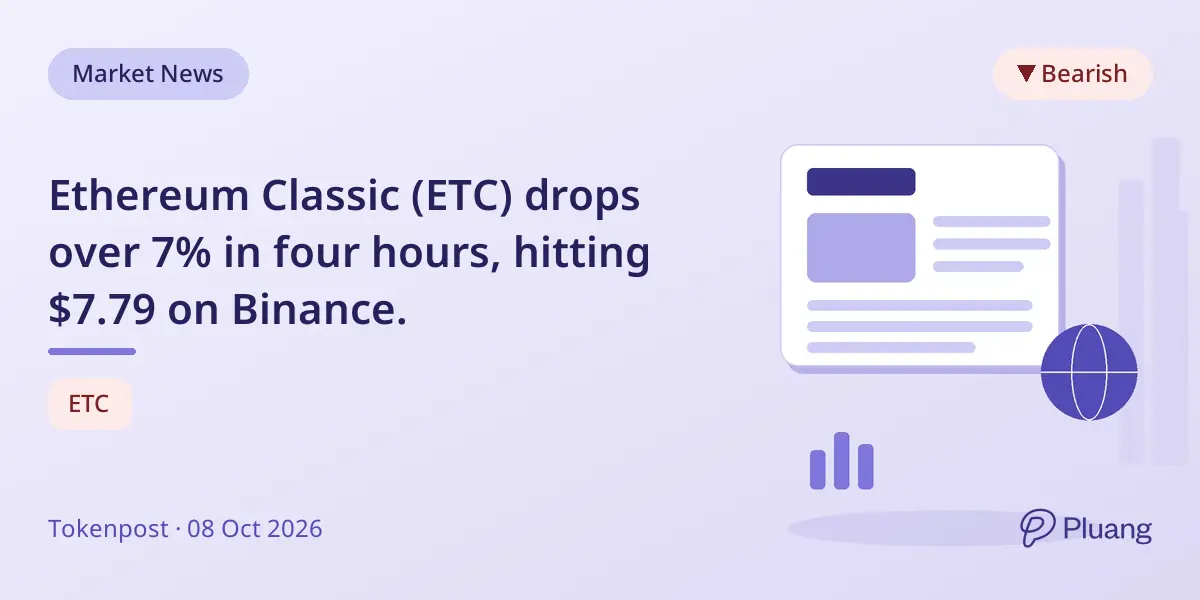 Ethereum Classic (ETC) drops over 7% in four hours, hitting $7.79 on Binance.