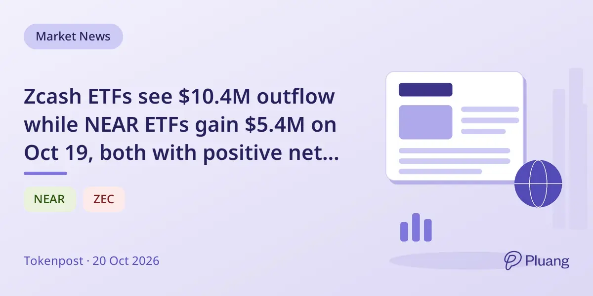 Zcash ETFs see $10.4M outflow while NEAR ETFs gain $5.4M on Oct 19, both with positive net inflows overall.
