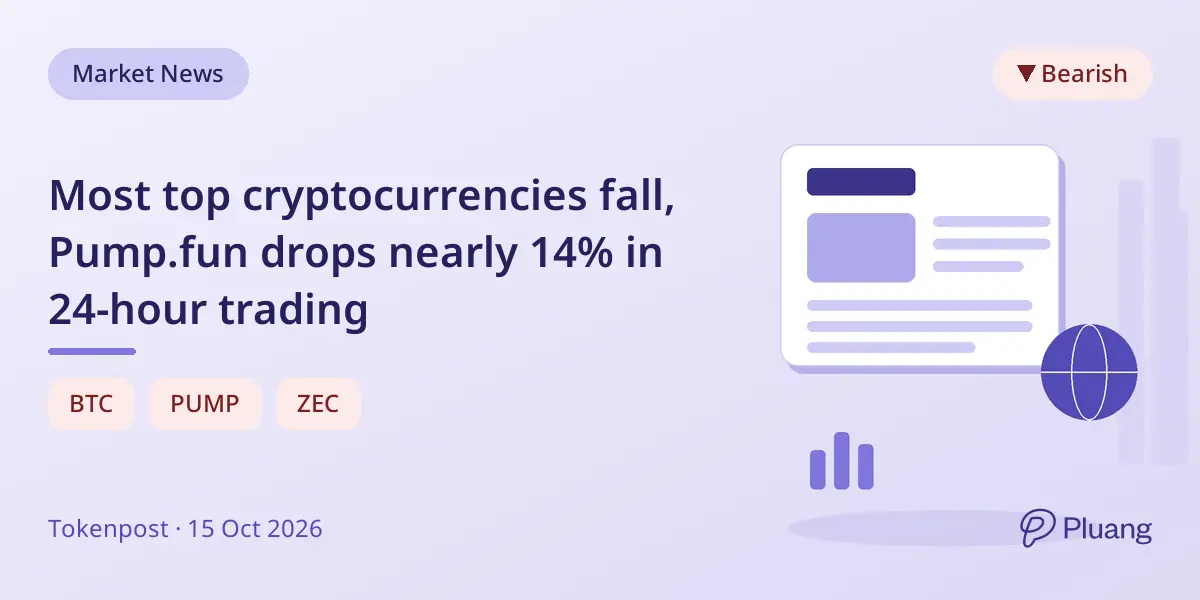 Most top cryptocurrencies fall, Pump.fun drops nearly 14% in 24-hour trading
