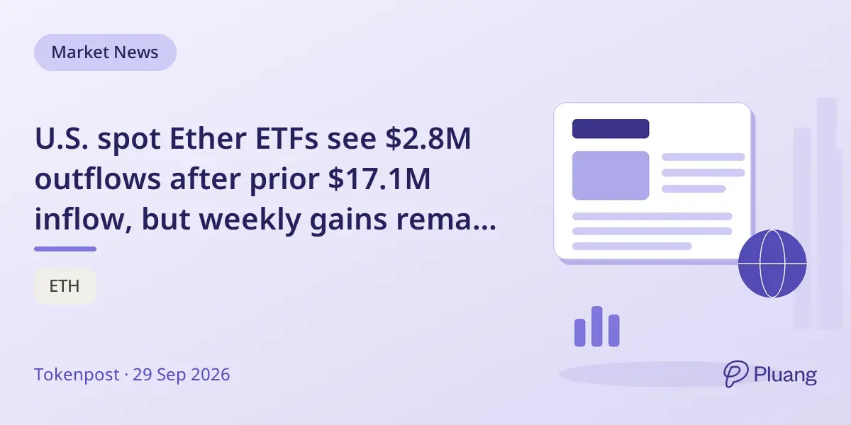 U.S. spot Ether ETFs see $2.8M outflows after prior $17.1M inflow, but weekly gains remain strong.