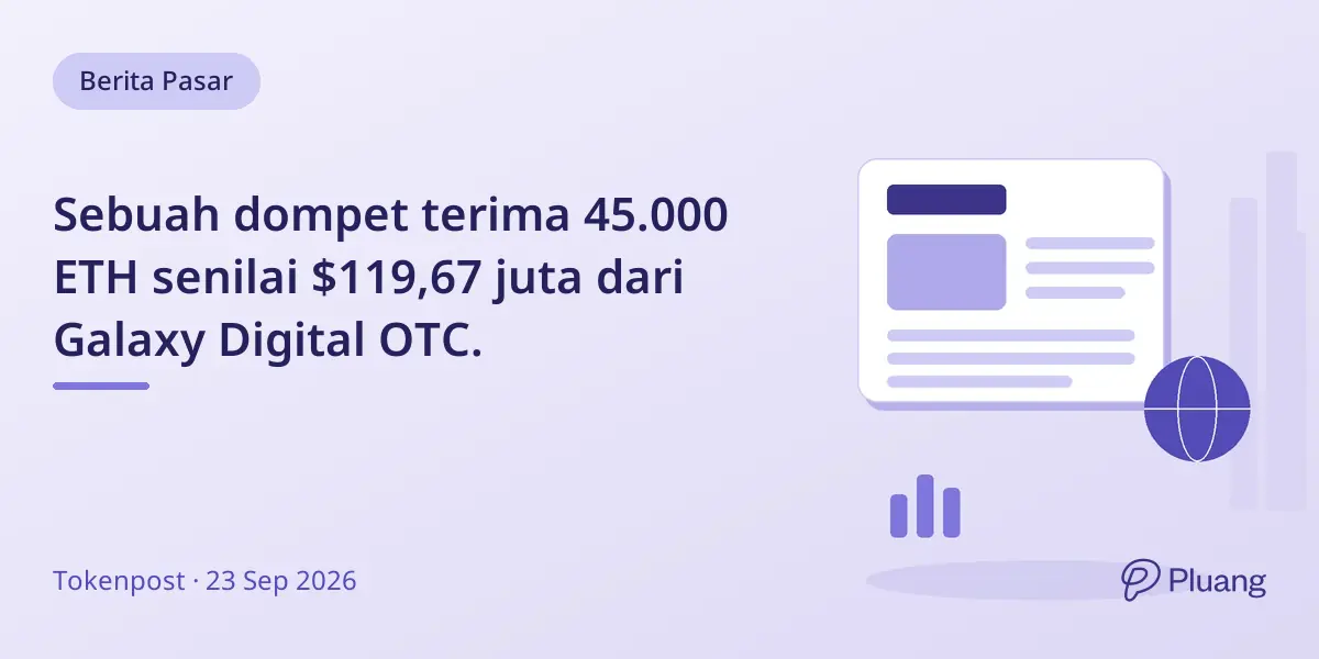 Sebuah dompet terima 45.000 ETH senilai $119,67 juta dari Galaxy Digital OTC.
