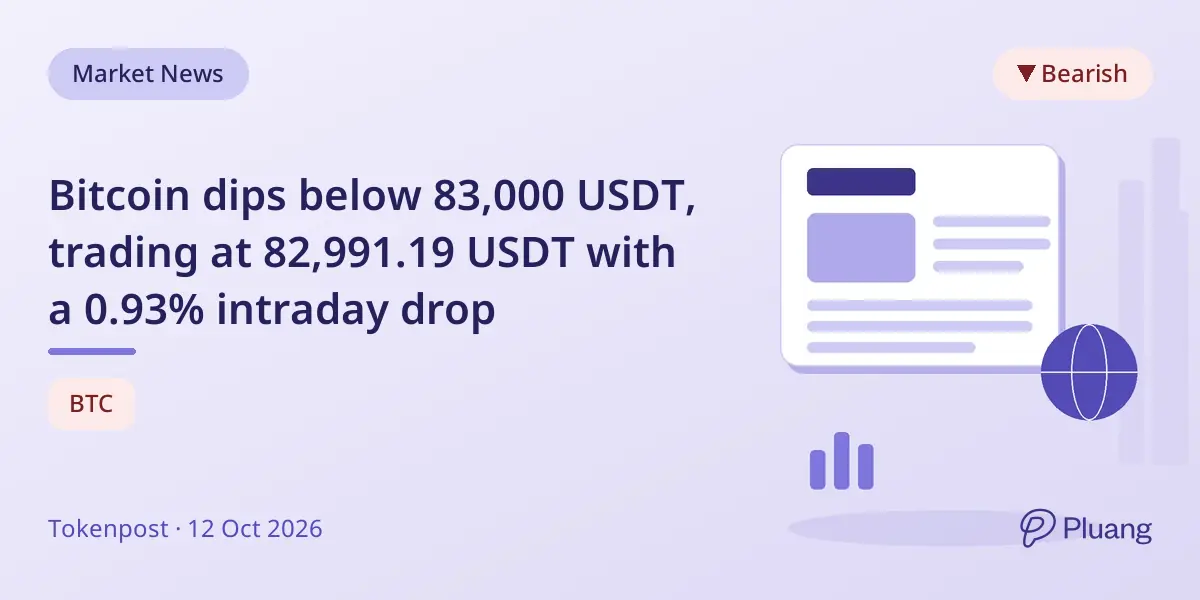 Bitcoin dips below 83,000 USDT, trading at 82,991.19 USDT with a 0.93% intraday drop