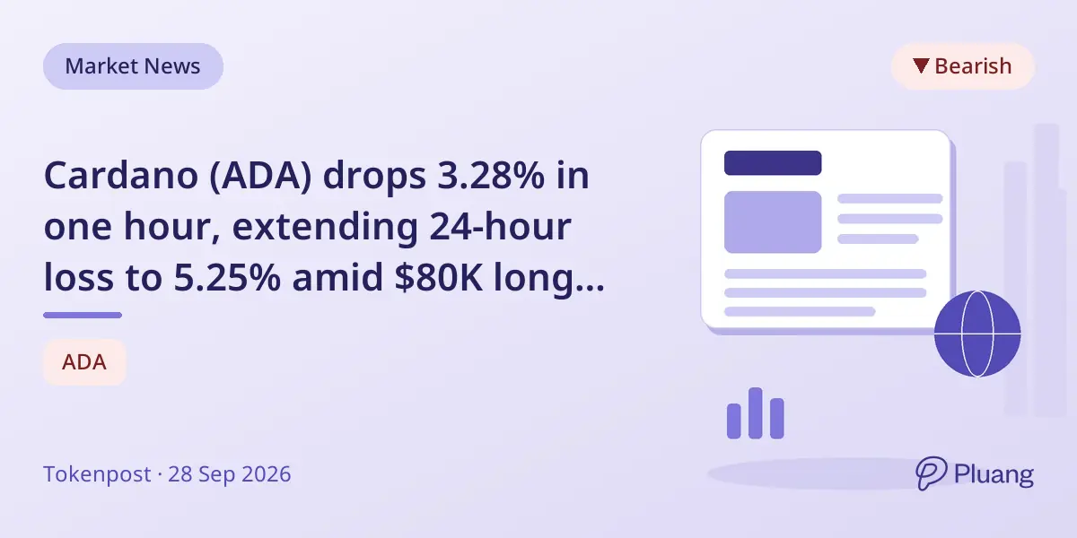 Cardano (ADA) drops 3.28% in one hour, extending 24-hour loss to 5.25% amid $80K long liquidations.