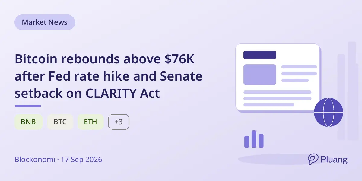 Bitcoin rebounds above $76K after Fed rate hike and Senate setback on CLARITY Act