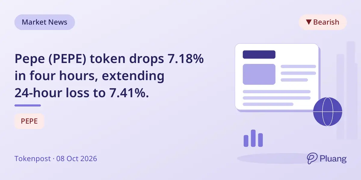 Pepe (PEPE) token drops 7.18% in four hours, extending 24-hour loss to 7.41%.