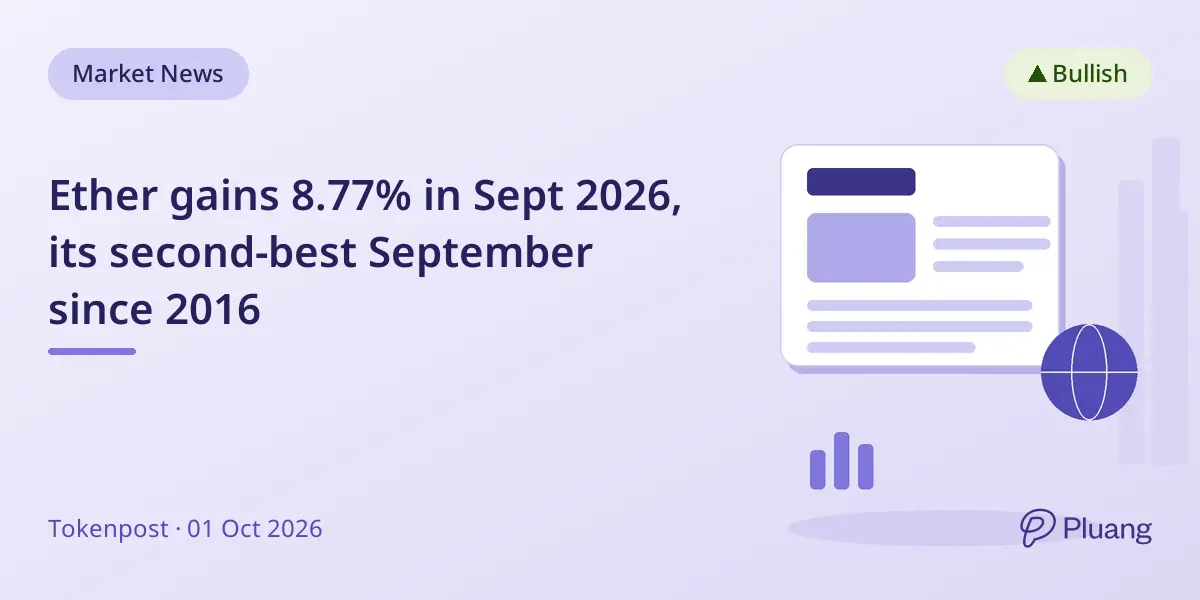 Ether gains 8.77% in Sept 2026, its second-best September since 2016