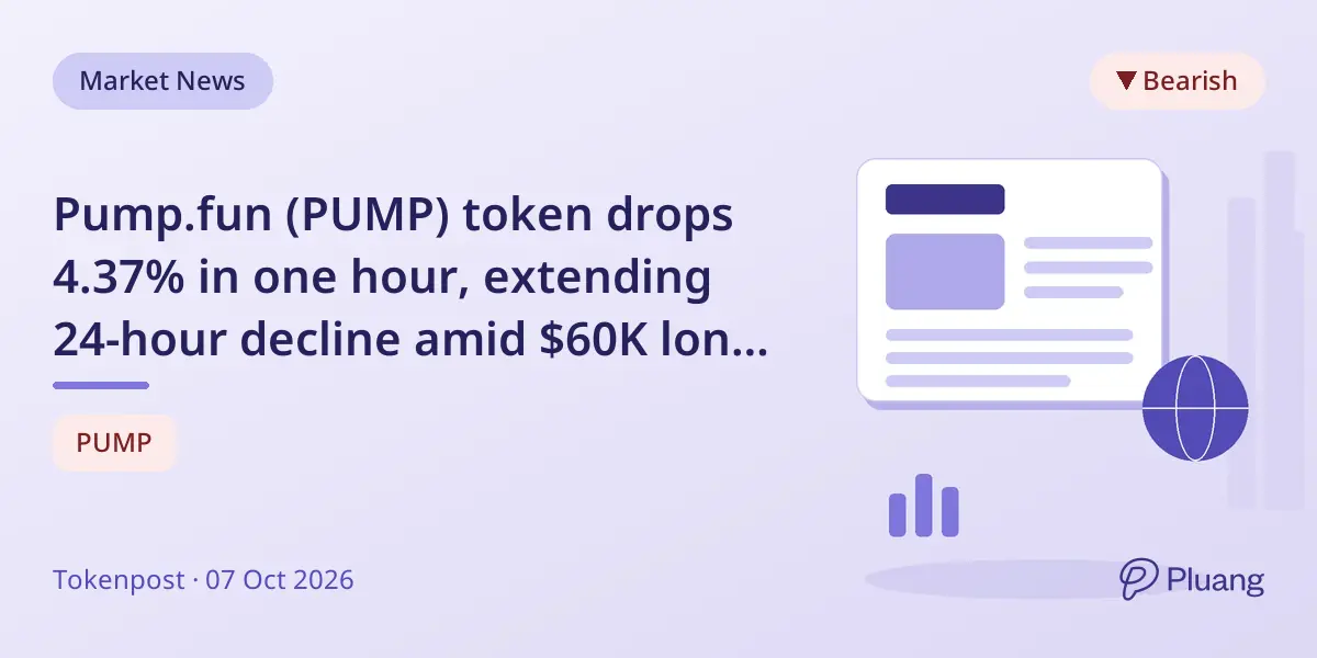 Pump.fun (PUMP) token drops 4.37% in one hour, extending 24-hour decline amid $60K long liquidations.