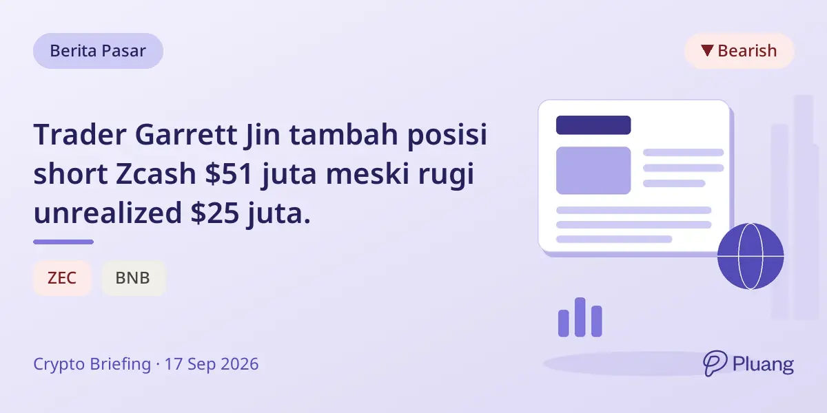 Trader Garrett Jin tambah posisi short Zcash $51 juta meski rugi unrealized $25 juta.