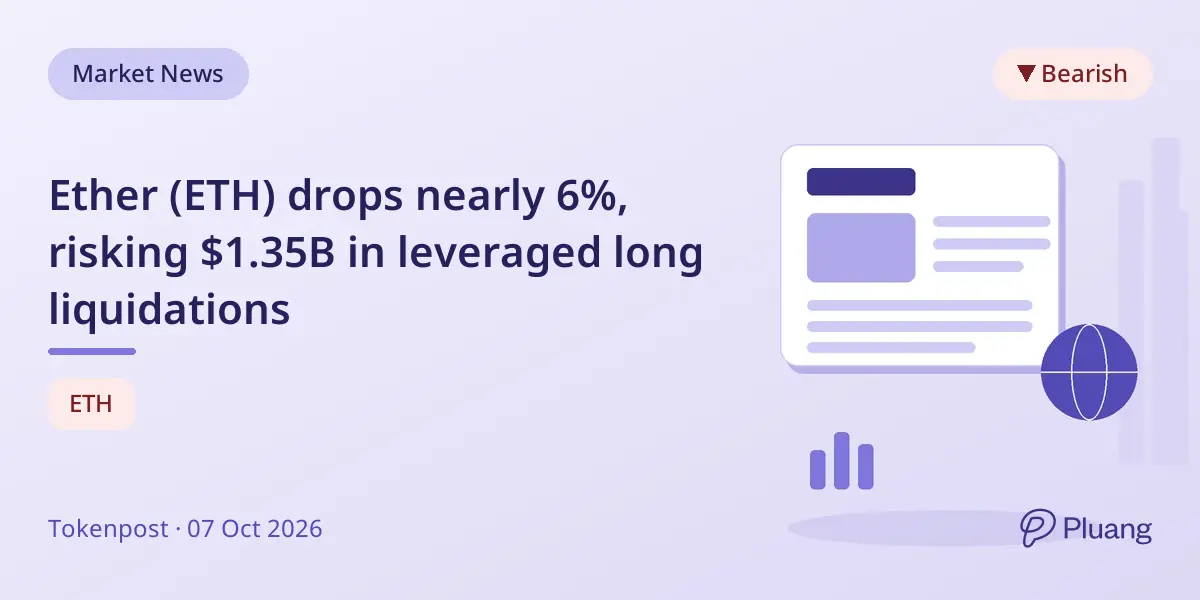Ether (ETH) drops nearly 6%, risking $1.35B in leveraged long liquidations