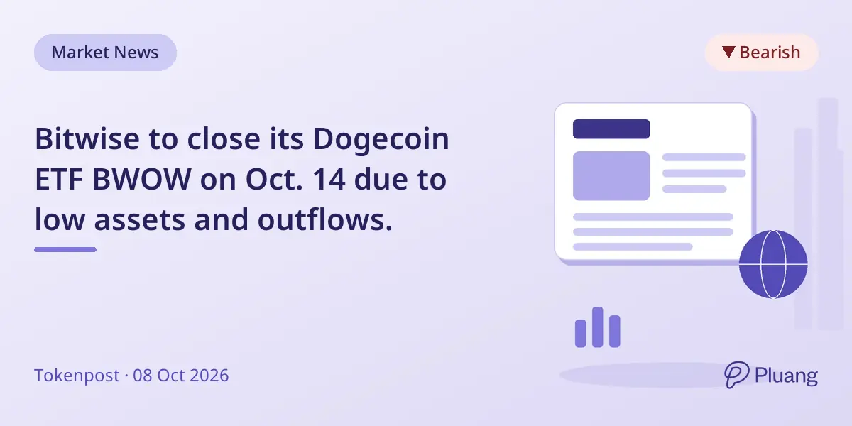 Bitwise to close its Dogecoin ETF BWOW on Oct. 14 due to low assets and outflows.