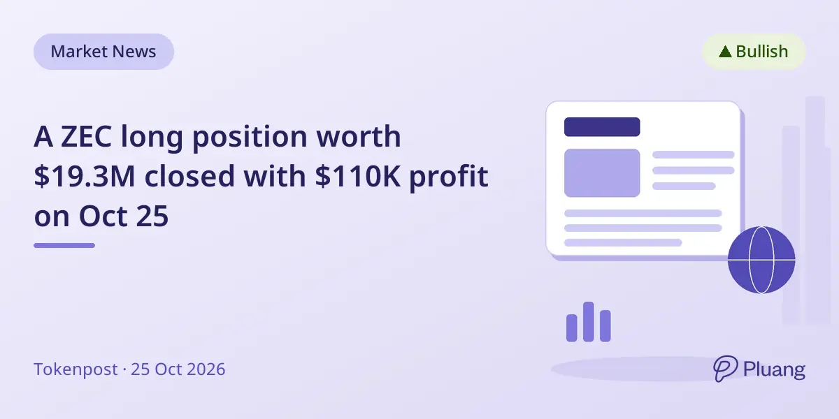 A ZEC long position worth $19.3M closed with $110K profit on Oct 25