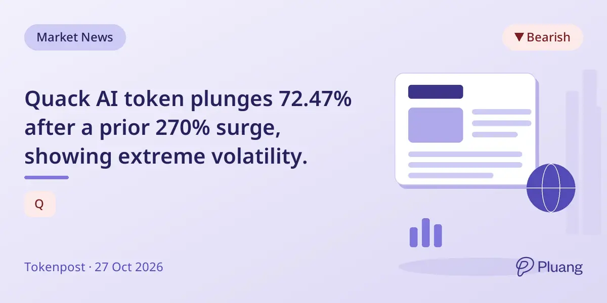 Quack AI token plunges 72.47% after a prior 270% surge, showing extreme volatility.