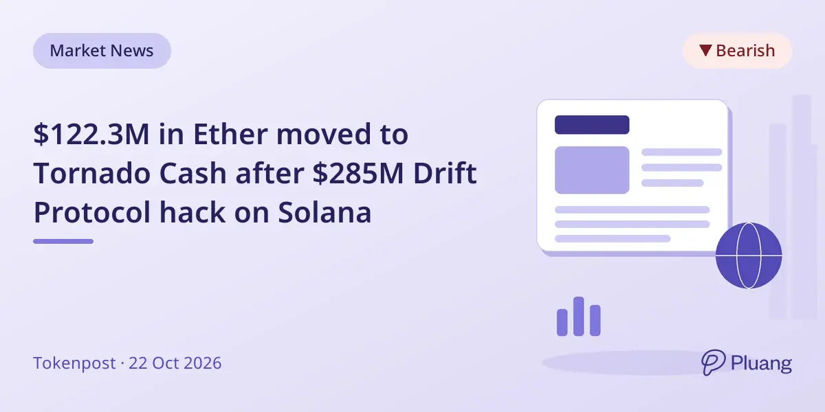 $122.3M in Ether moved to Tornado Cash after $285M Drift Protocol hack on Solana