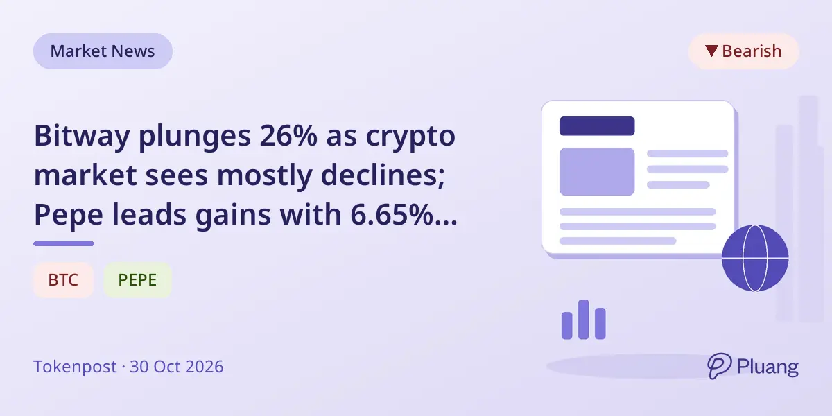 Bitway plunges 26% as crypto market sees mostly declines; Pepe leads gains with 6.65% rise