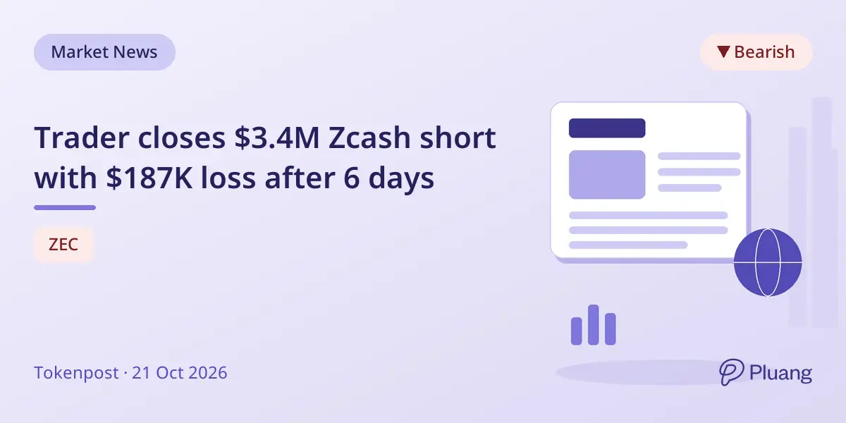 Trader closes $3.4M Zcash short with $187K loss after 6 days