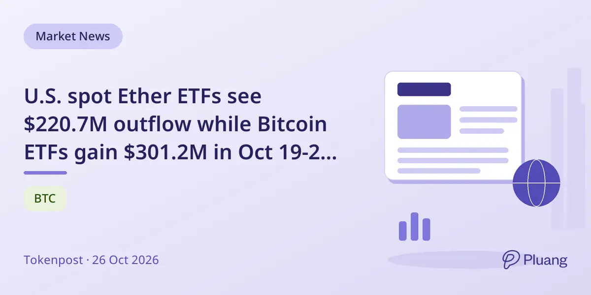 U.S. spot Ether ETFs see $220.7M outflow while Bitcoin ETFs gain $301.2M in Oct 19-23 trading week