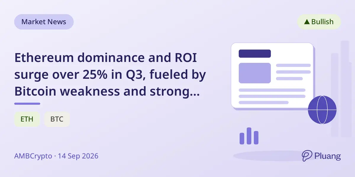 Ethereum dominance and ROI surge over 25% in Q3, fueled by Bitcoin weakness and strong ETF demand.