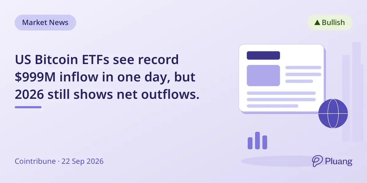 US Bitcoin ETFs see record $999M inflow in one day, but 2026 still shows net outflows.
