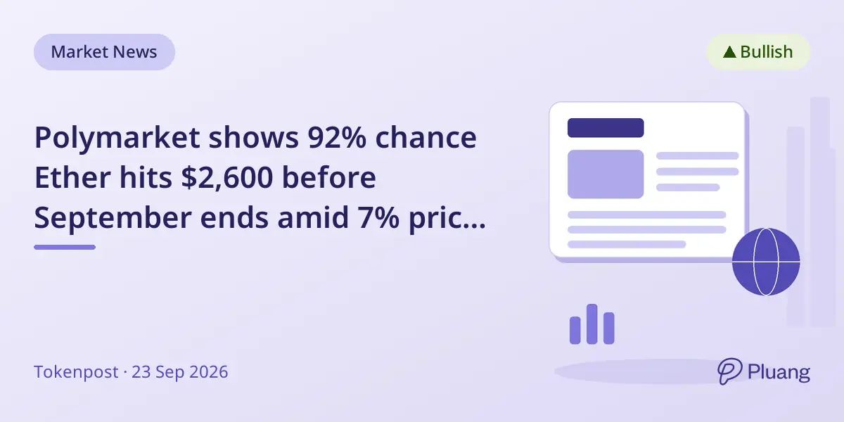 Polymarket shows 92% chance Ether hits $2,600 before September ends amid 7% price jump.