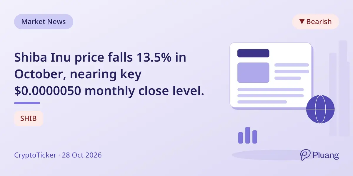 Shiba Inu price falls 13.5% in October, nearing key $0.0000050 monthly close level.