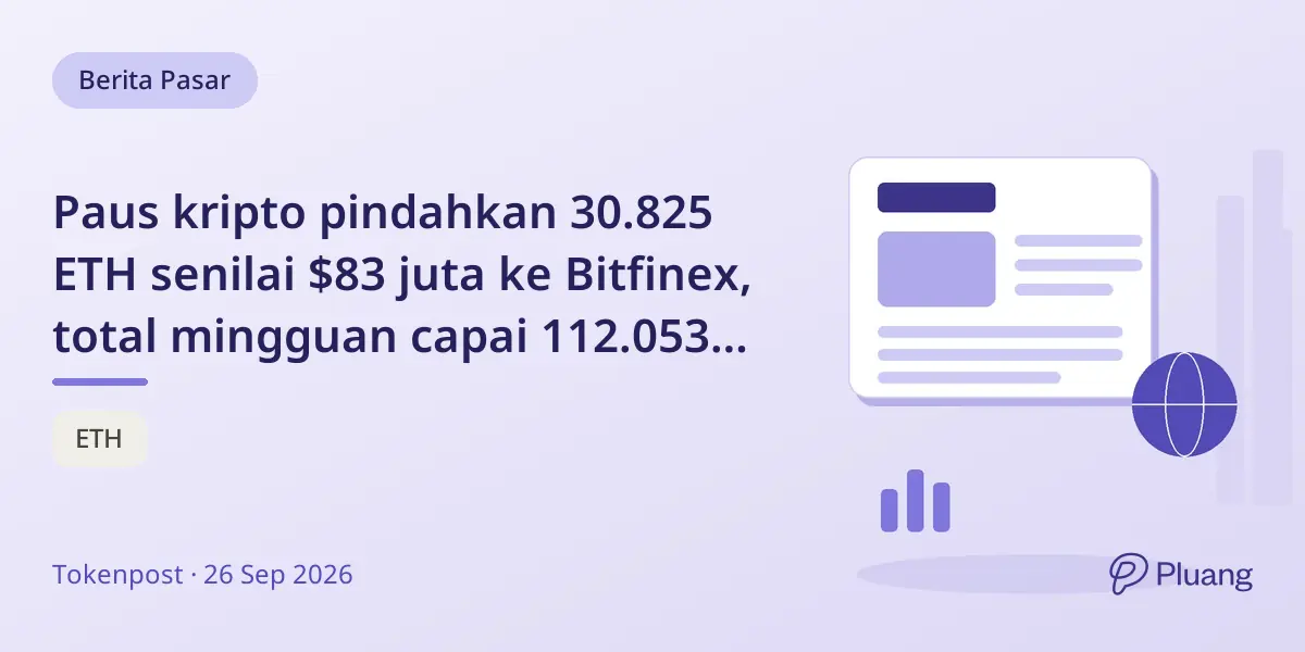 Paus kripto pindahkan 30.825 ETH senilai $83 juta ke Bitfinex, total mingguan capai 112.053 ETH.