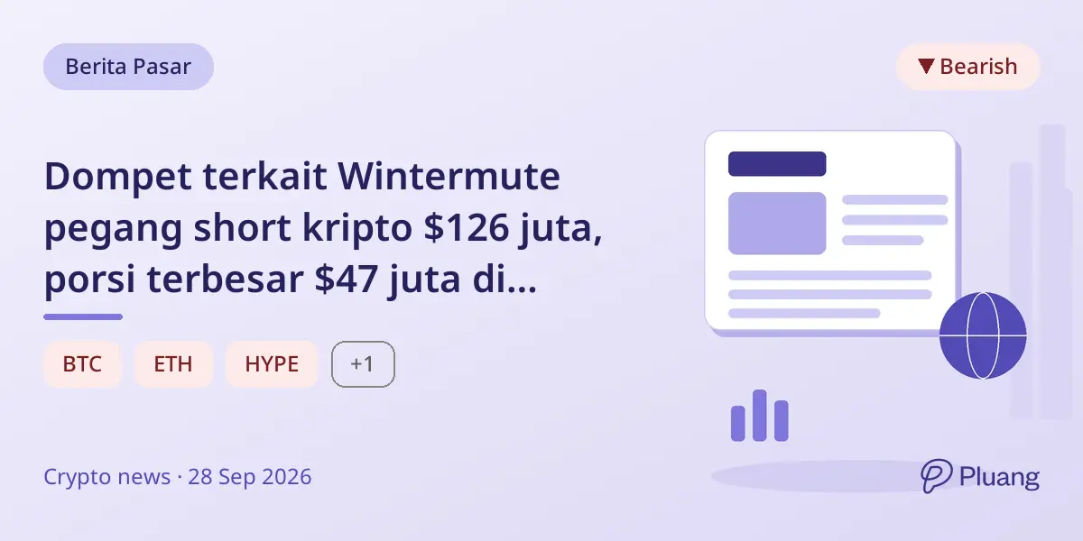 Dompet terkait Wintermute pegang short kripto $126 juta, porsi terbesar $47 juta di Ethereum saat harga turun.