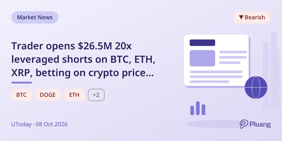 Trader opens $26.5M 20x leveraged shorts on BTC, ETH, XRP, betting on crypto price drops