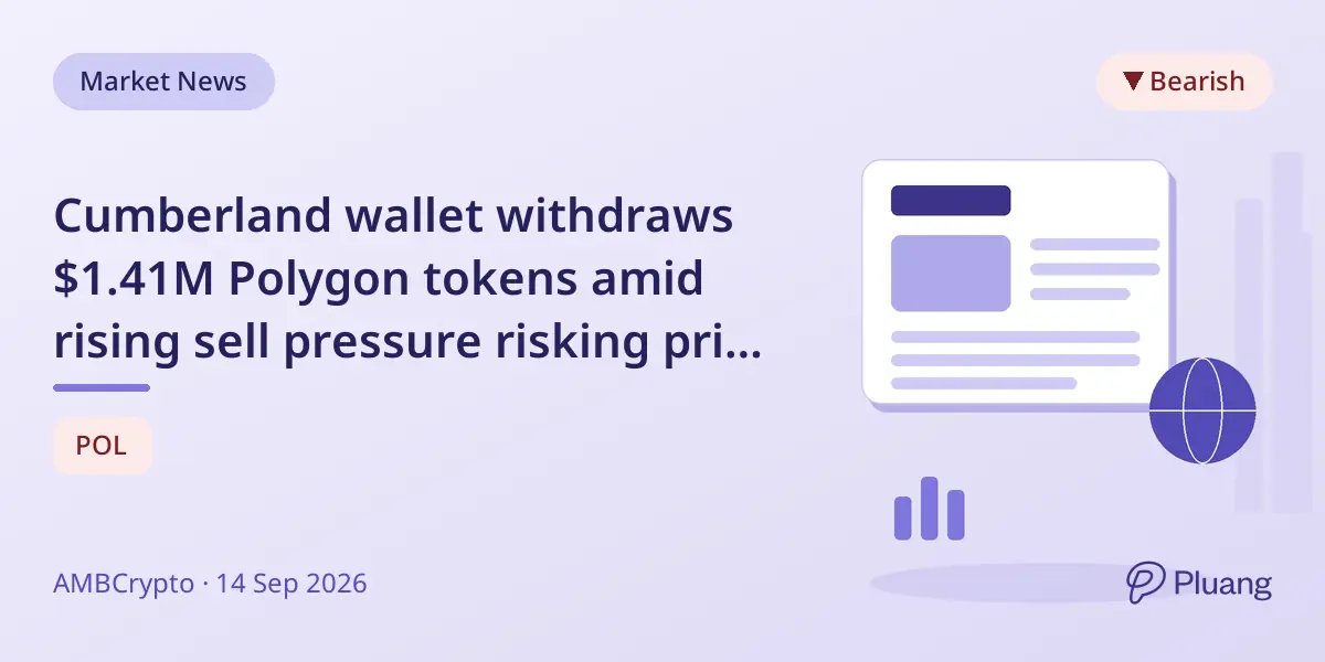 Cumberland wallet withdraws $1.41M Polygon tokens amid rising sell pressure risking price drop below $0.09