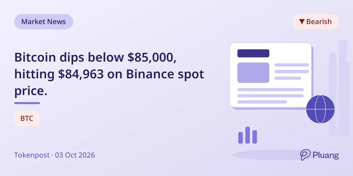 Bitcoin dips below $85,000, hitting $84,963 on Binance spot price.