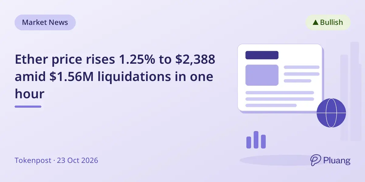 Ether price rises 1.25% to $2,388 amid $1.56M liquidations in one hour