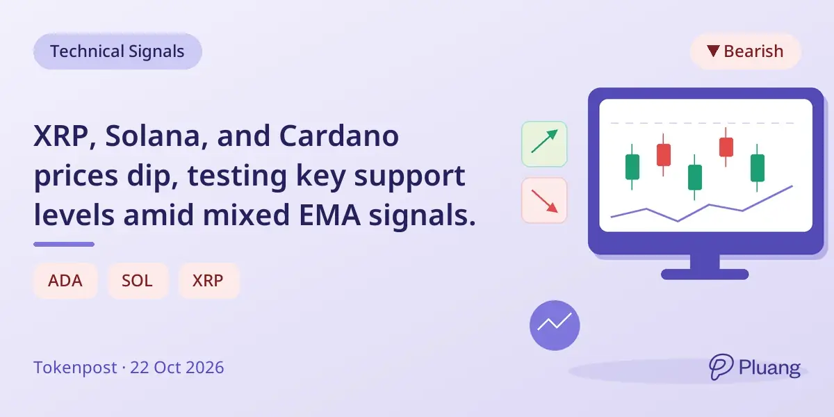 XRP, Solana, and Cardano prices dip, testing key support levels amid mixed EMA signals.