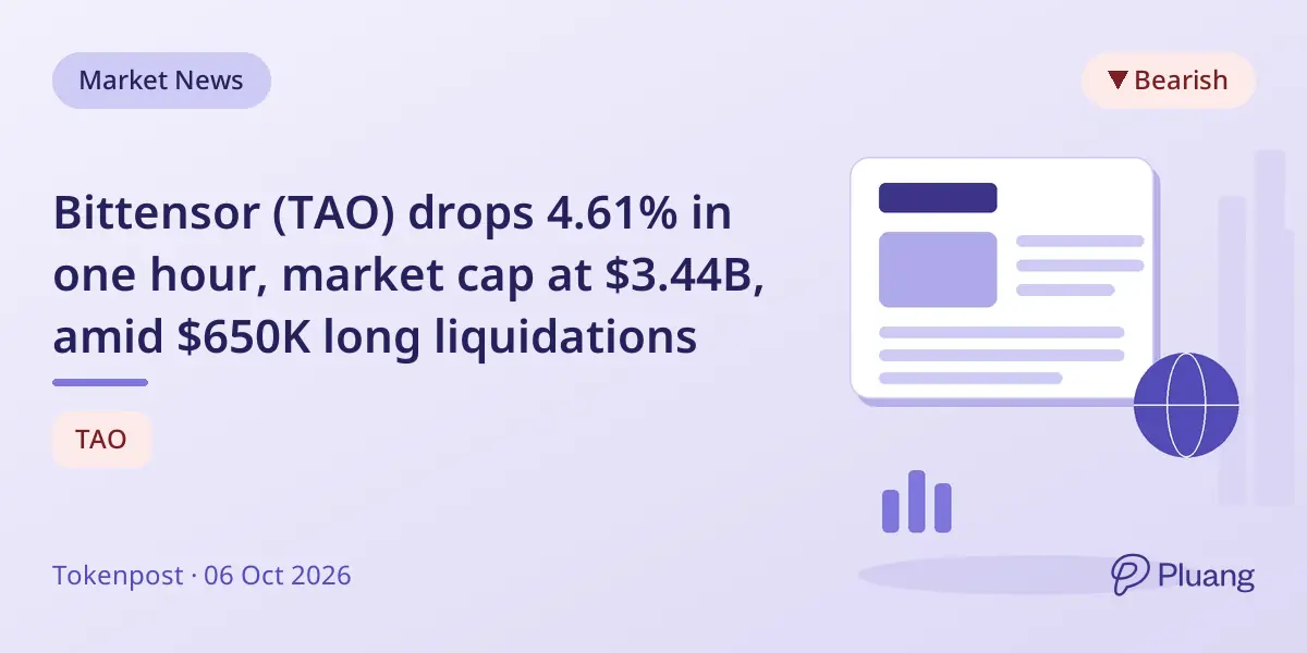 Bittensor (TAO) drops 4.61% in one hour, market cap at $3.44B, amid $650K long liquidations