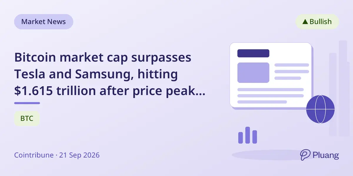 Bitcoin market cap surpasses Tesla and Samsung, hitting $1.615 trillion after price peaks at $81,914.