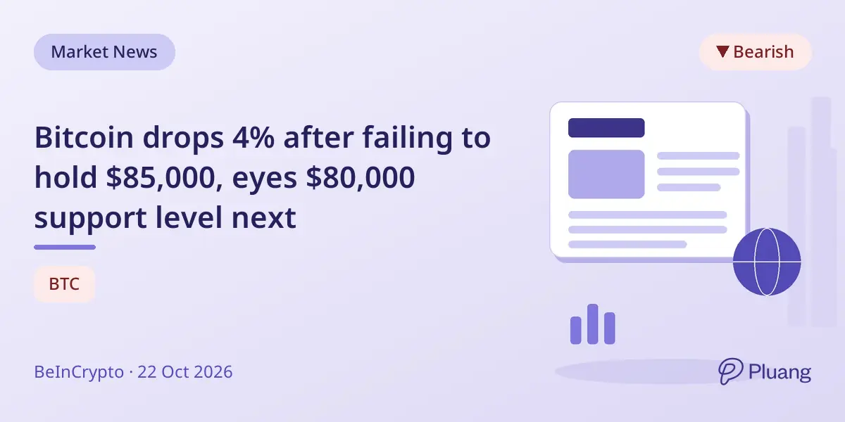 Bitcoin drops 4% after failing to hold $85,000, eyes $80,000 support level next
