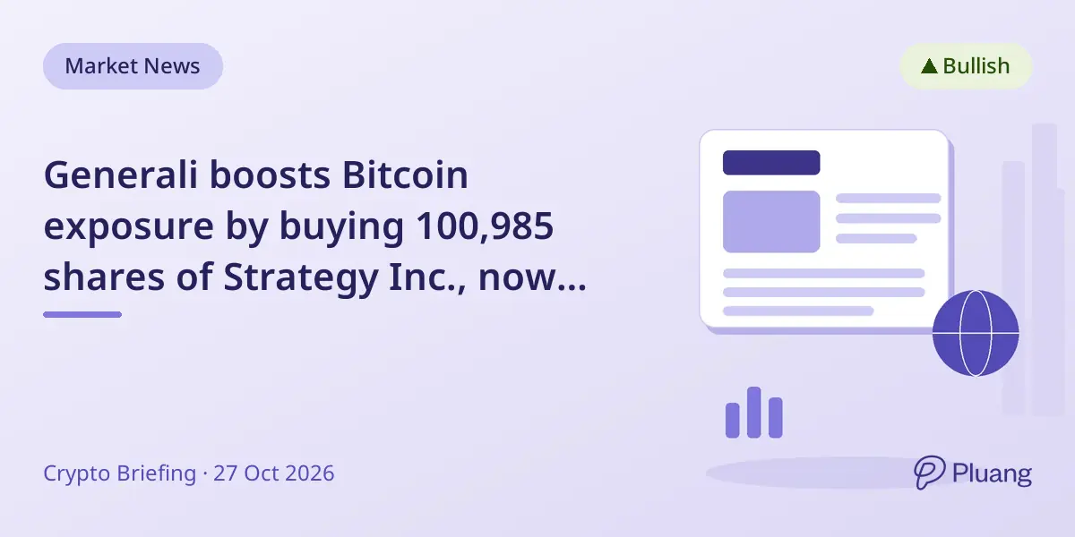 Generali boosts Bitcoin exposure by buying 100,985 shares of Strategy Inc., now holding $36.4M in stock.