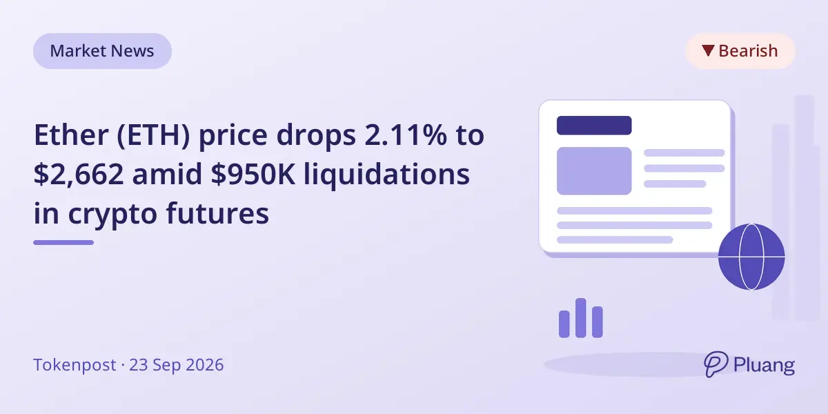 Ether (ETH) price drops 2.11% to $2,662 amid $950K liquidations in crypto futures