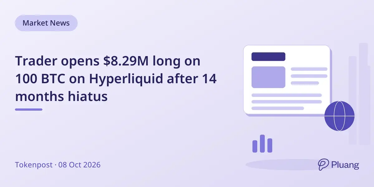 Trader opens $8.29M long on 100 BTC on Hyperliquid after 14 months hiatus