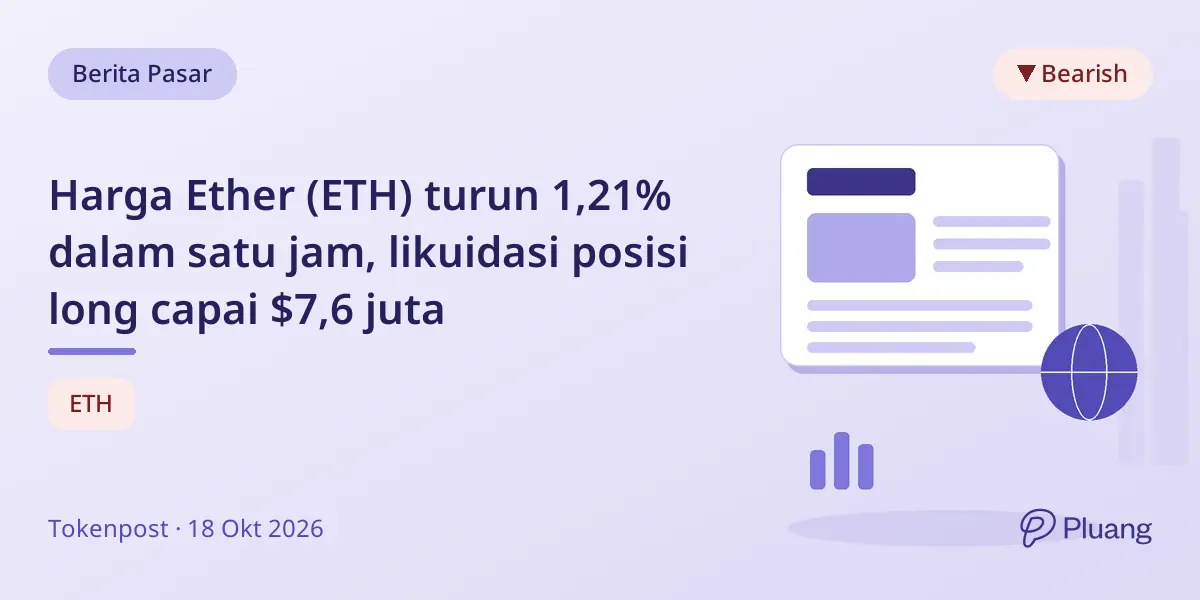 Harga Ether (ETH) turun 1,21% dalam satu jam, likuidasi posisi long capai $7,6 juta