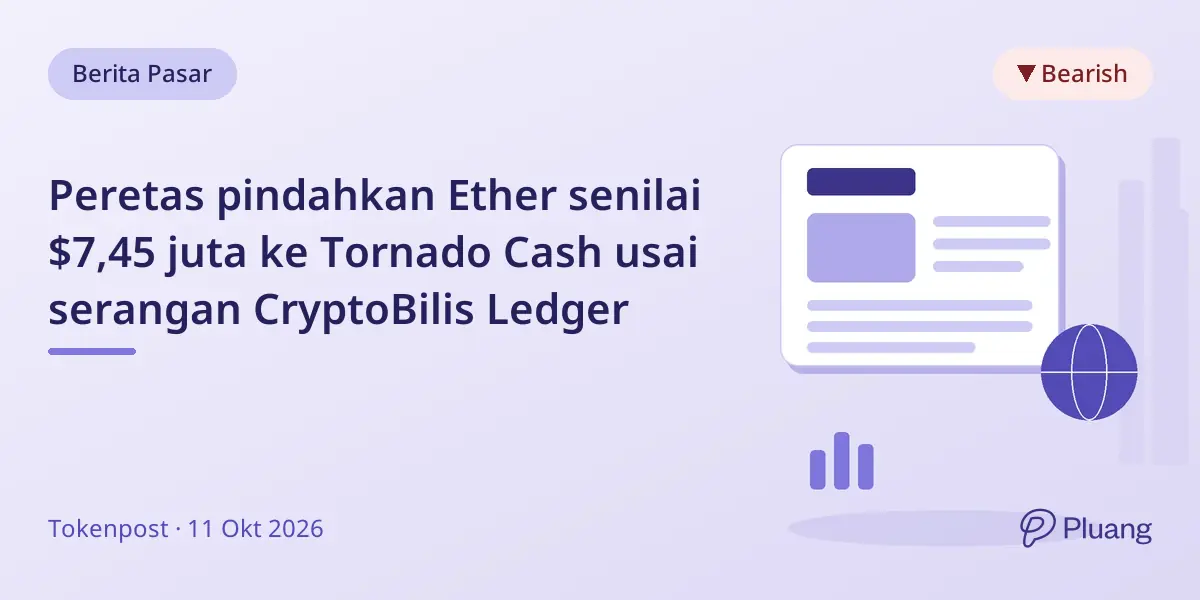 Peretas pindahkan Ether senilai $7,45 juta ke Tornado Cash usai serangan CryptoBilis Ledger