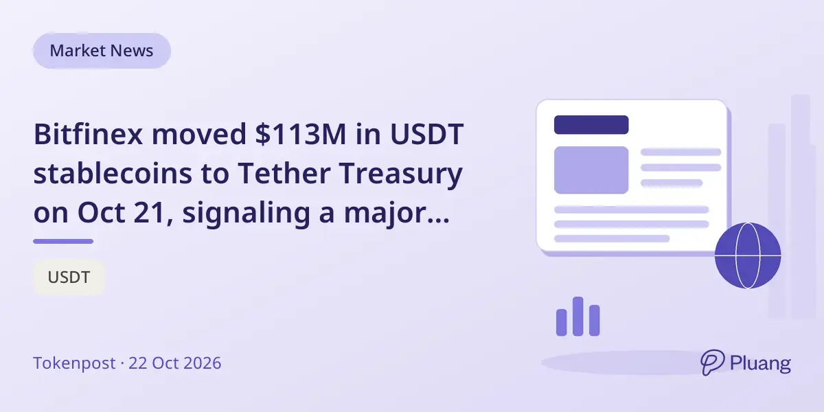 Bitfinex moved $113M in USDT stablecoins to Tether Treasury on Oct 21, signaling a major crypto transfer.