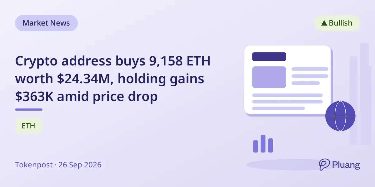Crypto address buys 9,158 ETH worth $24.34M, holding gains $363K amid price drop