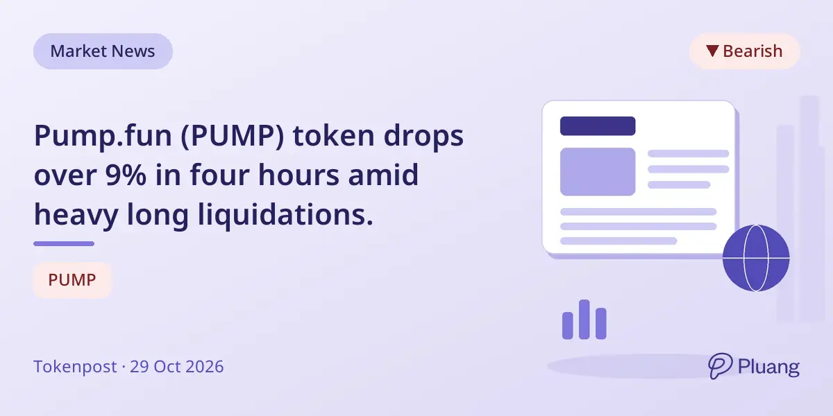 Pump.fun (PUMP) token drops over 9% in four hours amid heavy long liquidations.
