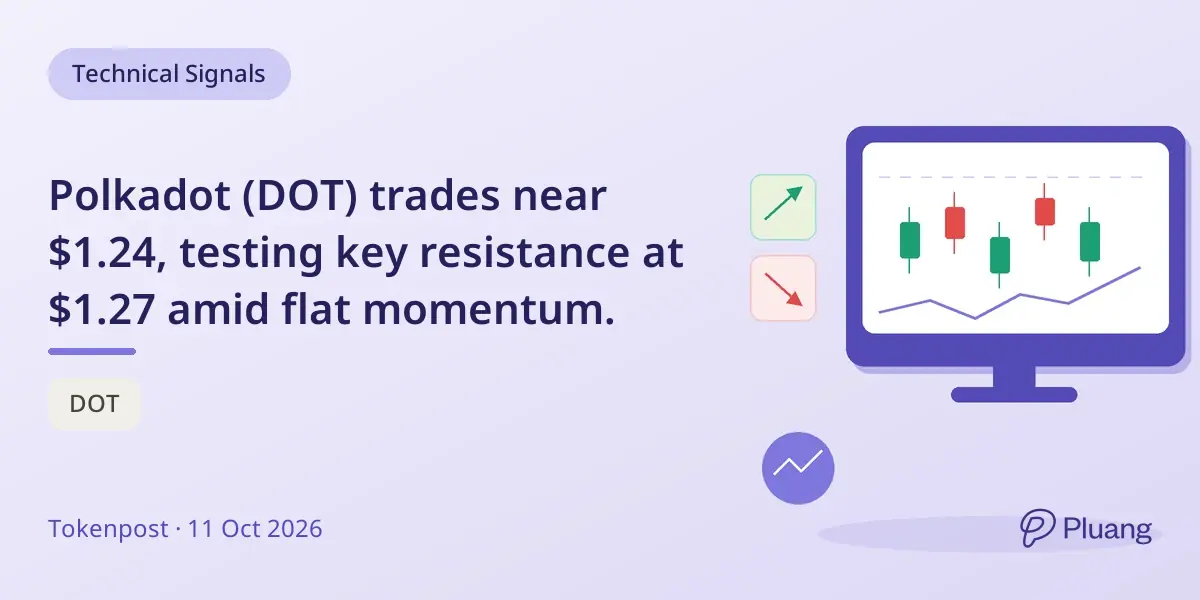 Polkadot (DOT) trades near $1.24, testing key resistance at $1.27 amid flat momentum.